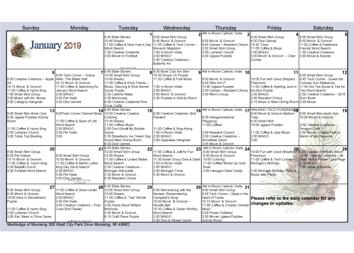 January Calendar MediLodge of Munising