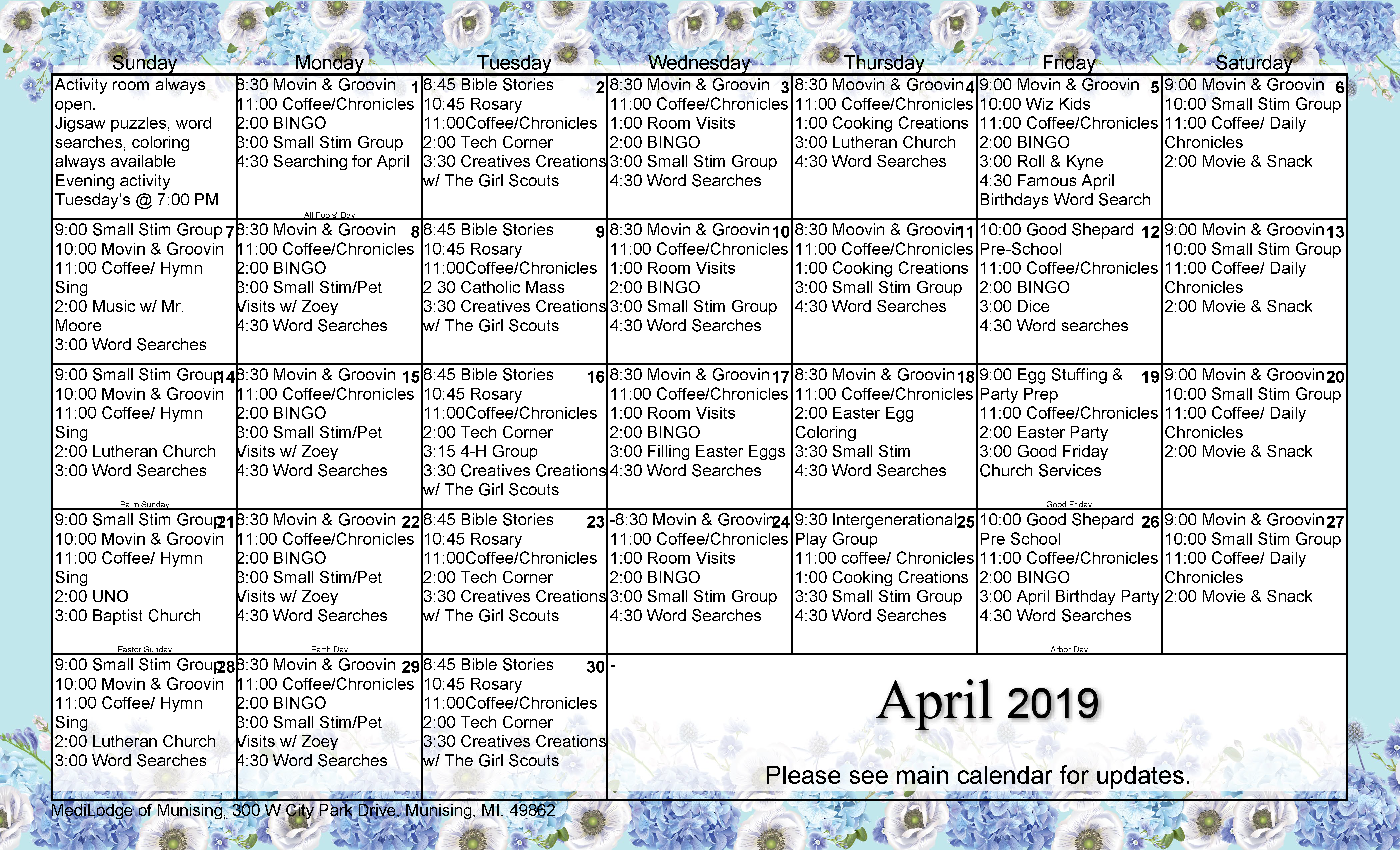 MediLodge of Munising April Calendar of Events